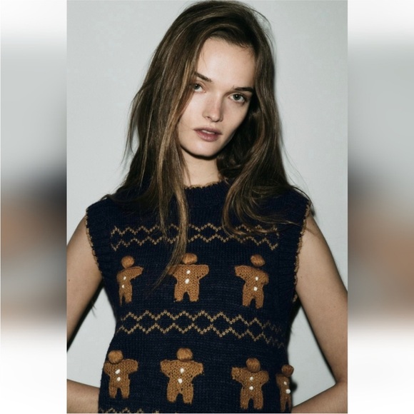 ZARA GINGERBREAD COOKIES KNIT SWEATER VEST - Picture 1 of 5